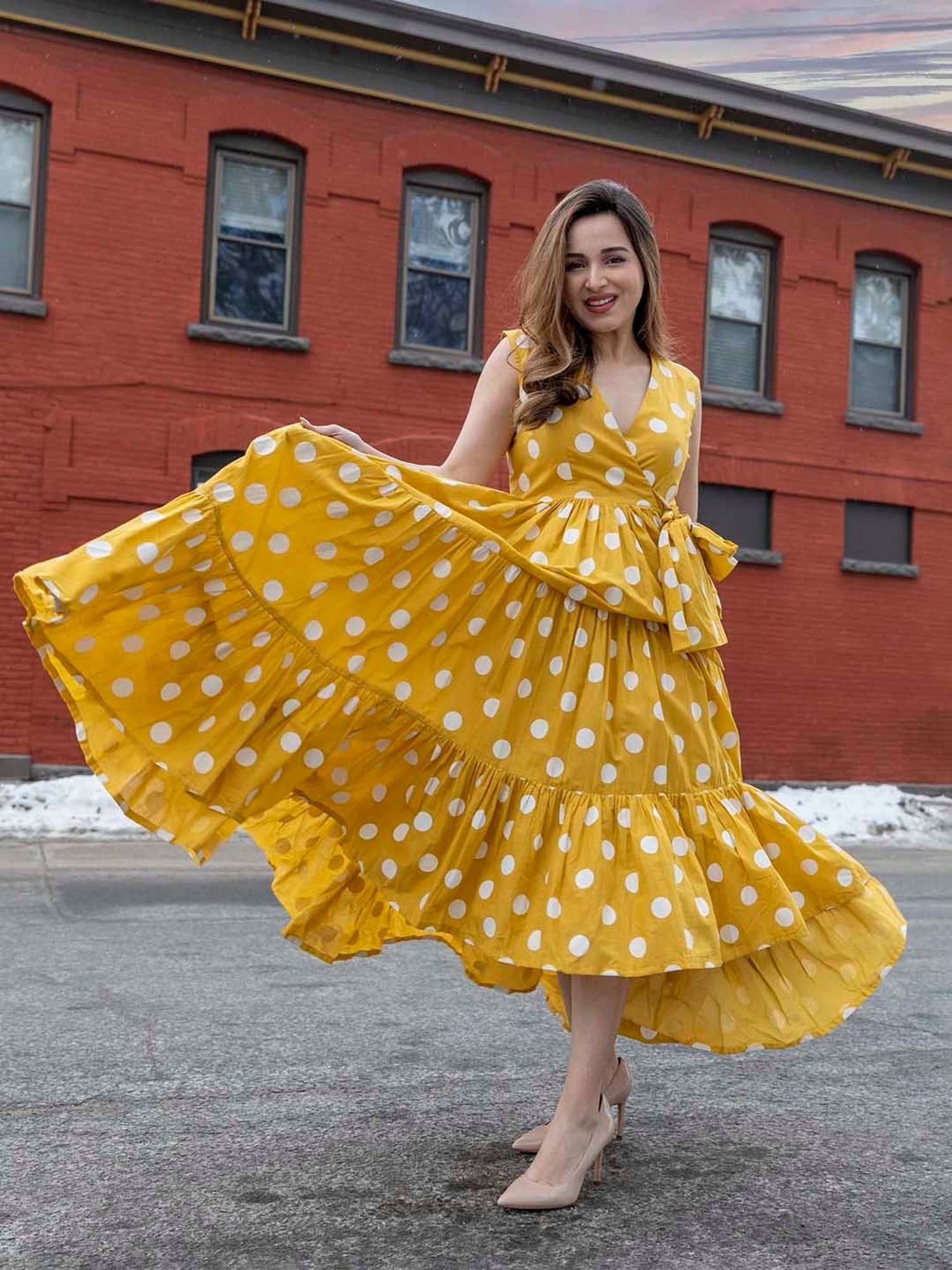 AACHHO Yellow Daffy Polka Cotton Dress