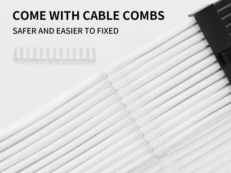 PSU Extension cable,HYMAVIN PSU Sleeved Cable, 16AWG White Braided ATX EPS PCI-E Extension Cable Kit with Combs for CPU GPU Power Supply Unit 30CM,4 + 4 pin, 6 + 2 pin, 24 pin ATX extension,White