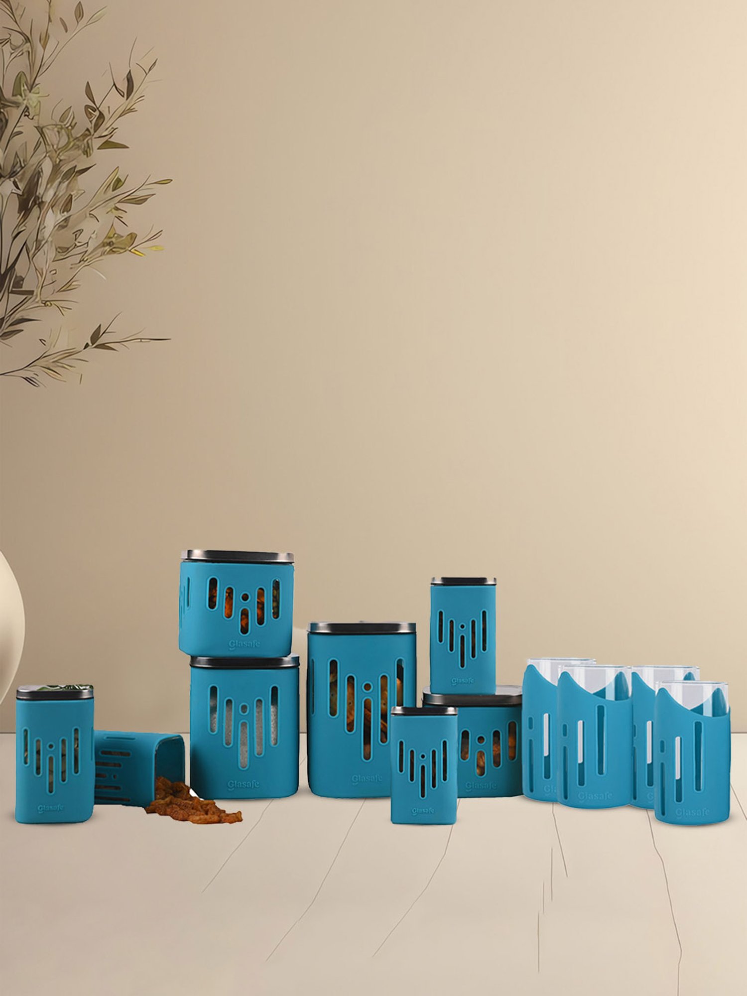 Glasafe Shift-N-Set Tranquil Teal Borosilicate Drinking Glasses & Containers