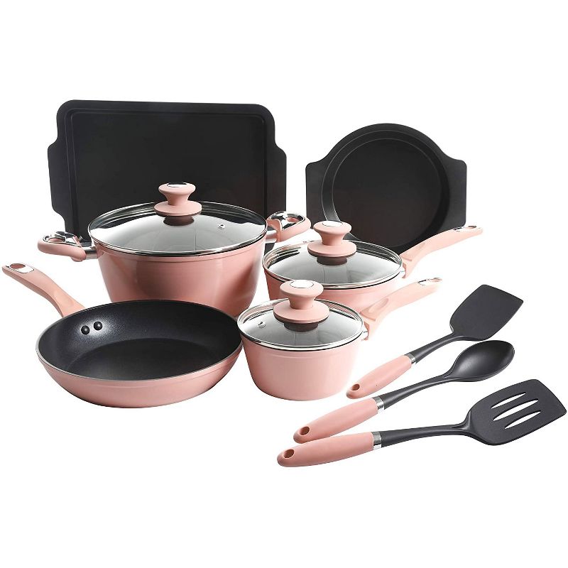 Oster 12 Piece  Forged Aluminum Induction Stove Top Non Stick Home Kitchen Frying Pan and Pot Cookware Set, Dusty Rose