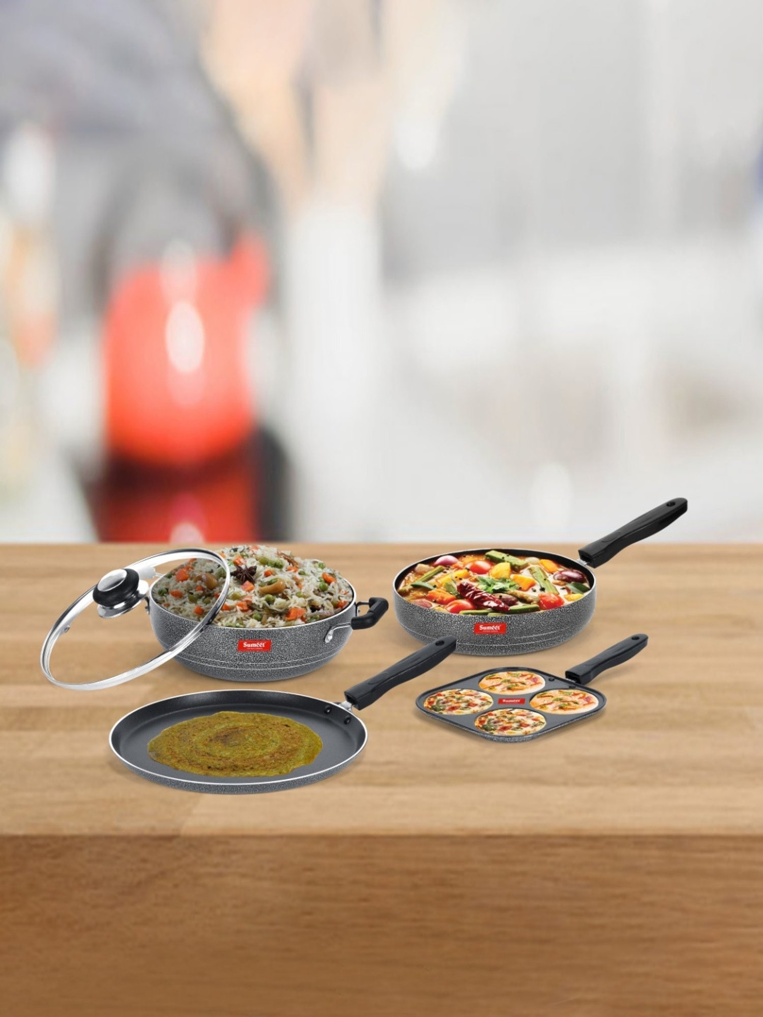 Sumeet NonStick Cookware Set(Dosa Tawa+Mini Multi Snack Maker+Kadhai With Glass Lid +Frypan)