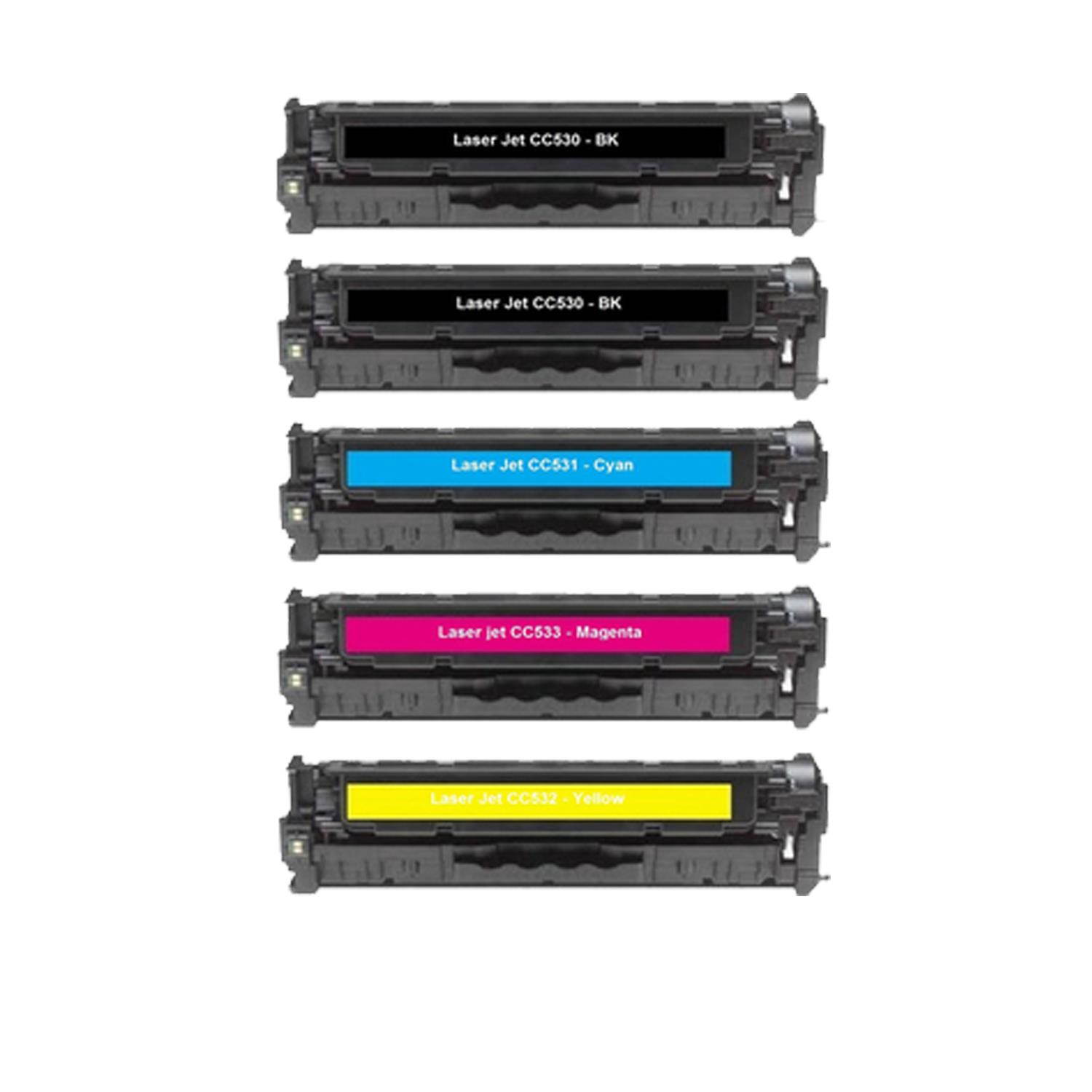 Compatible New York Toner 5 Pack CC530A CC531A CC532A CC533A 2BK C Y M Toner Cartridge - Black Cyan Yellow Magenta