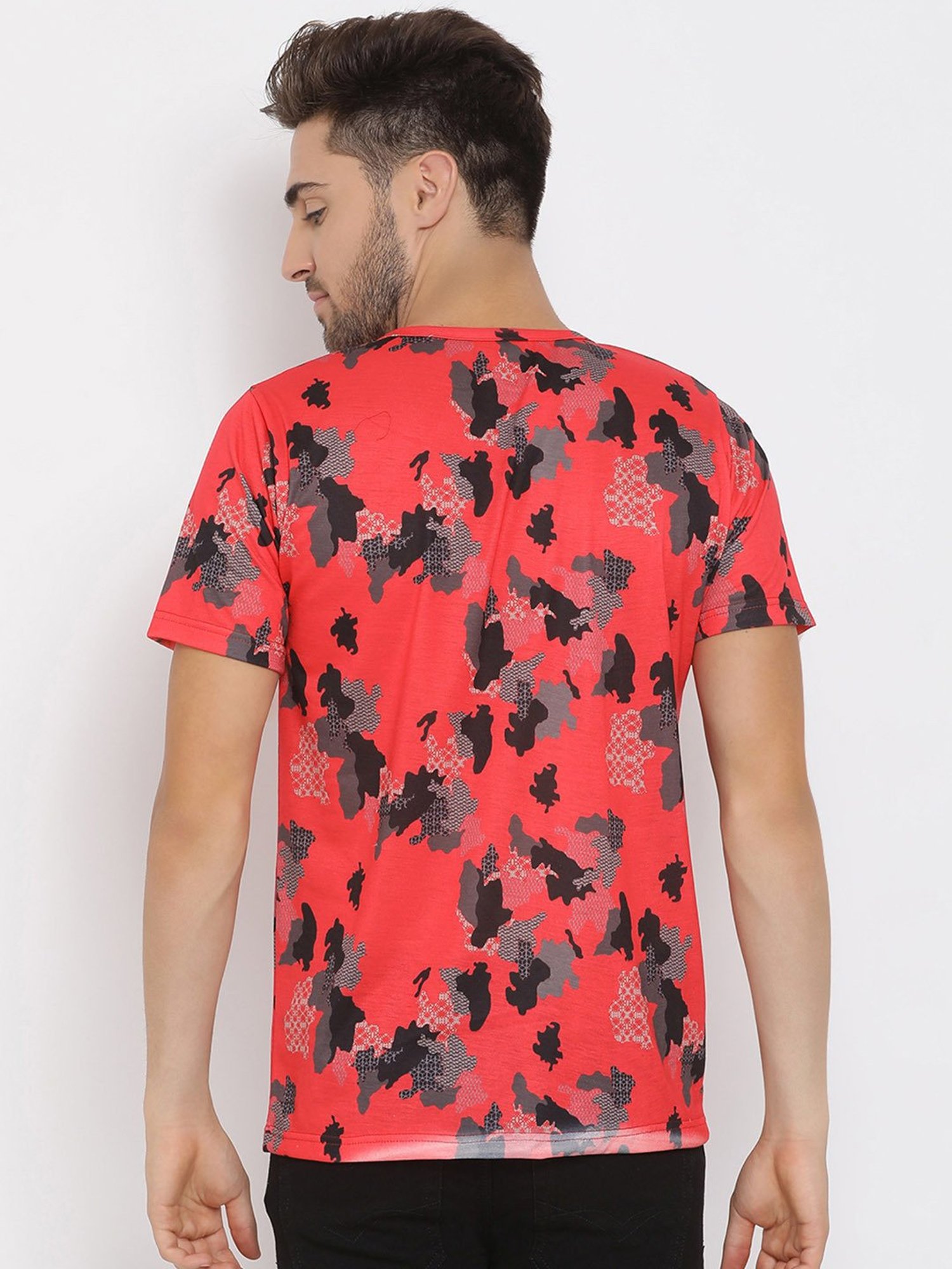Hangup Plus Red Regular Fit Printed Henley T-Shirt