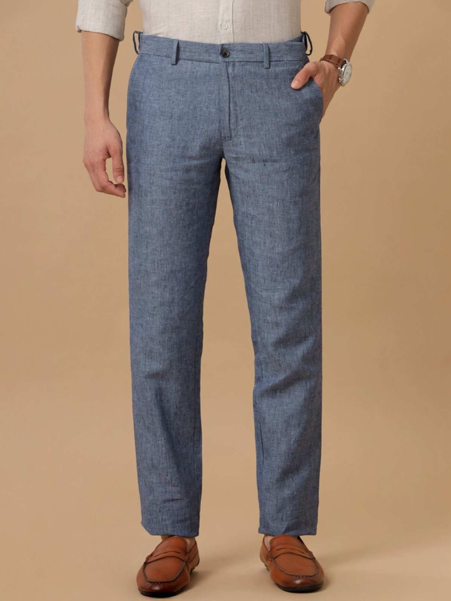Linen Club Blue Linen Contemporary Fit Texture Trousers