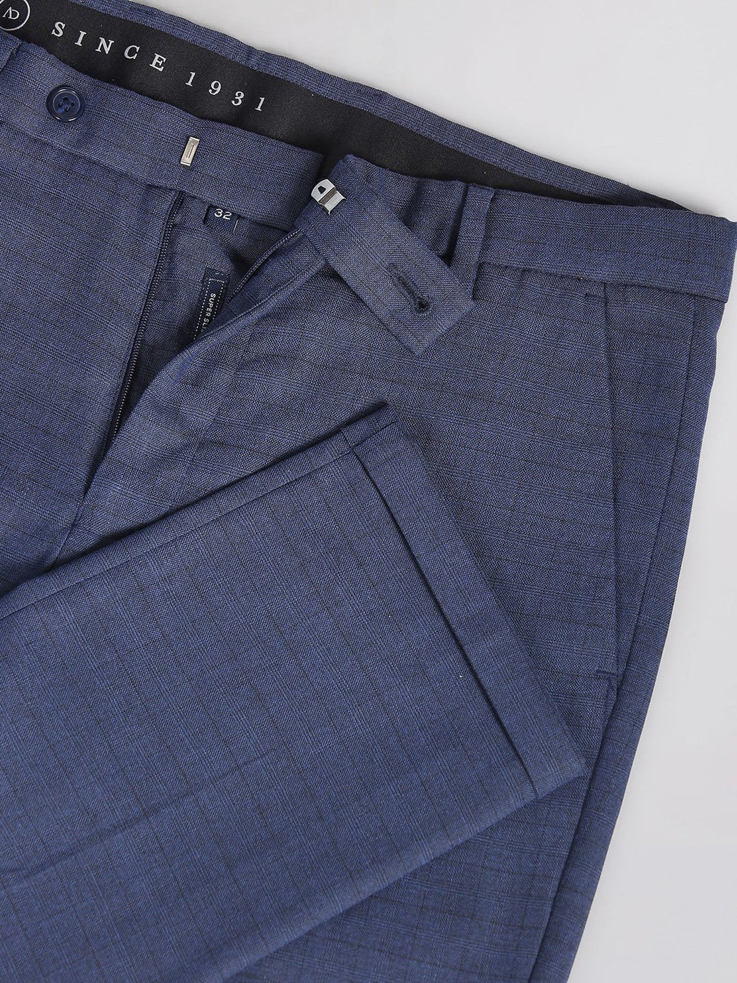 AD by Arvind Blue Slim Fit Check Flat Front Trousers