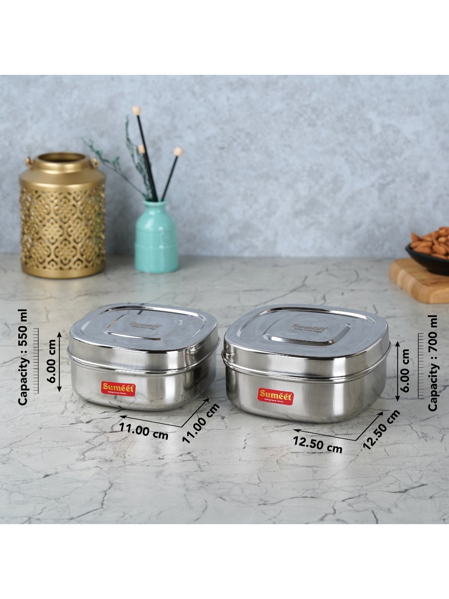 Sumeet S.S.Square Storage container box/Dabba for Kitchen,Set of 2Pc,550ml & 700ml, 11cm & 12.5cm