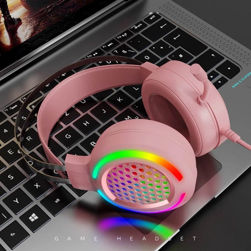 Gaming Headset with 7.1 Surround Sound,PC Lightweight Headset with Noise Canceling Mic,Bass Surround,Soft Memory Earmuffs,Rainbow LED Backlit for PC,PS4,Xbox One Controller(Adapter Not Included)(Pink)