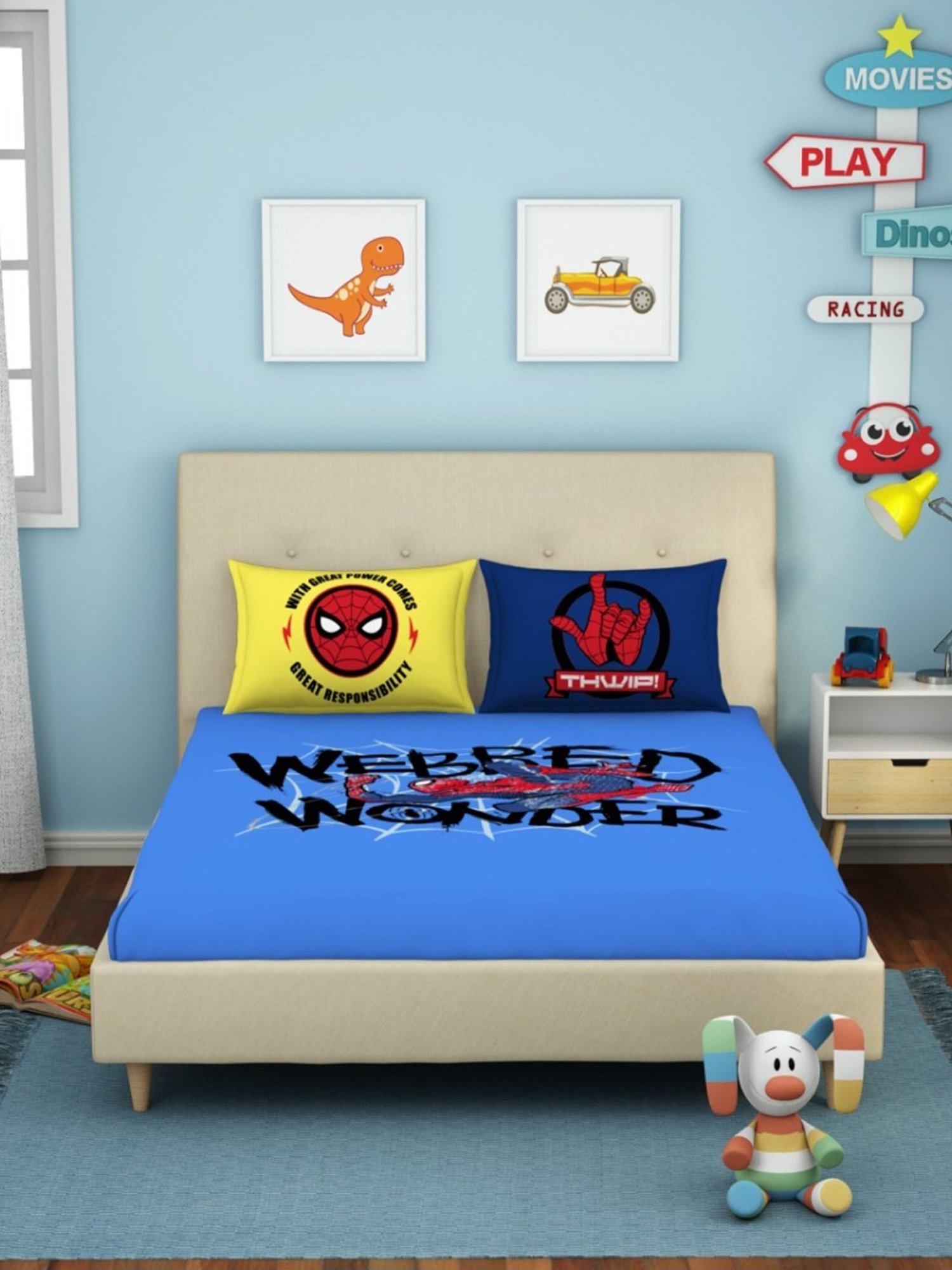 Spaces Character based Blue 180 TC Cotton Queen Bed Sheet with 2 Pillow Covers