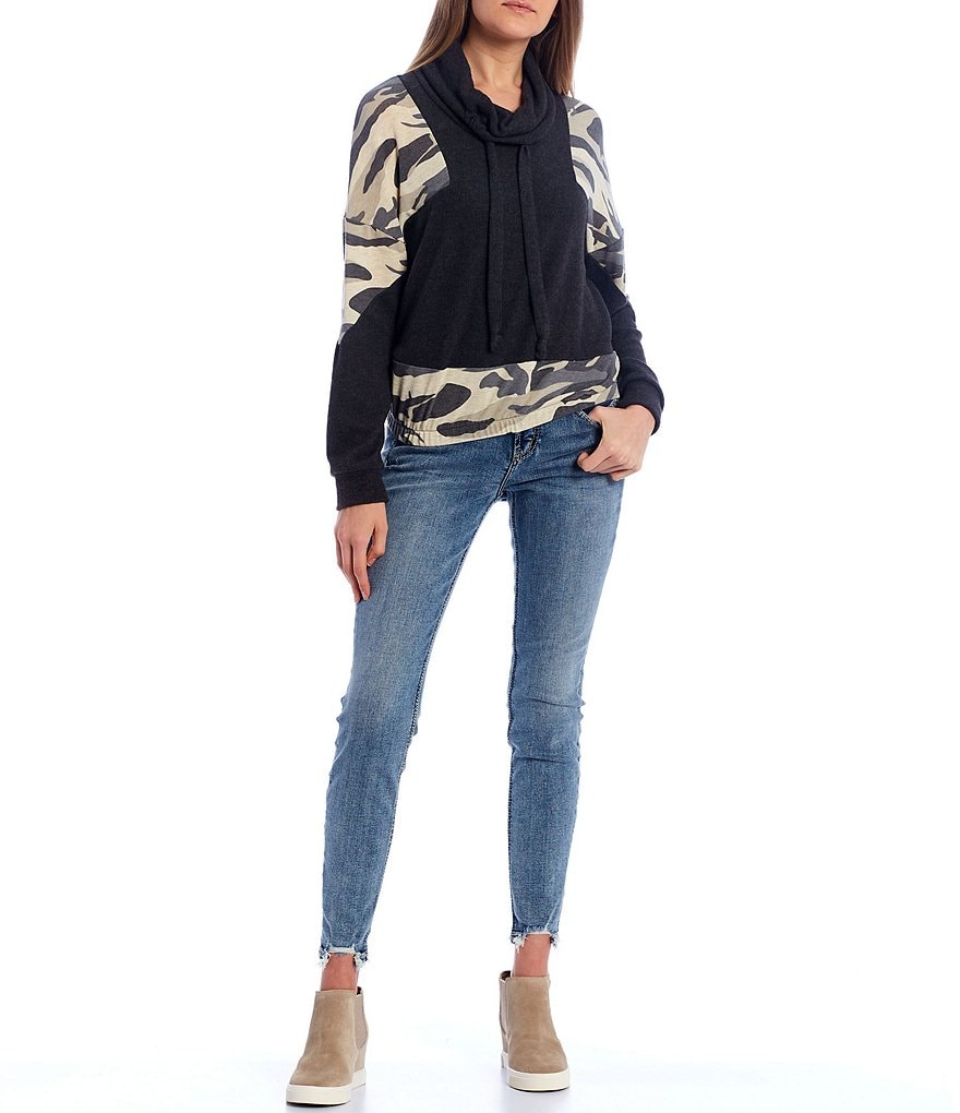Moa Moa Camo Print Colorblock Sleeve Cowl Neck Pullover