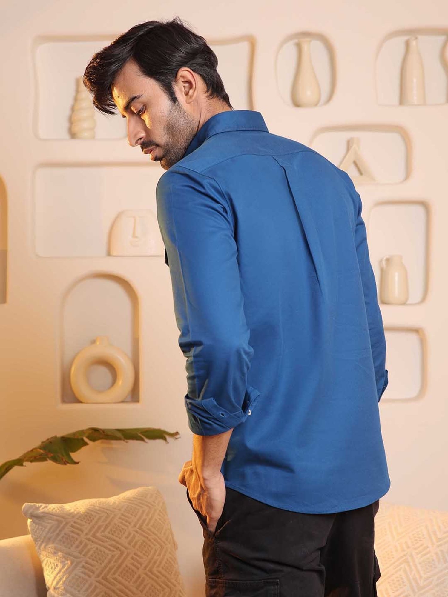 SUBTRACT Prussian Blue Regular Fit Cotton Shirt