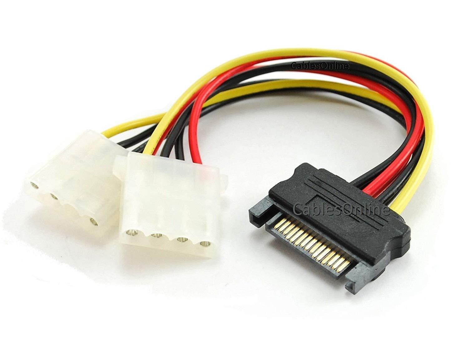 CablesOnline 2-PACK 6in SATA 15-Pin Male to Dual 4-Pin Molex Y Power Splitter - PC-025D-2