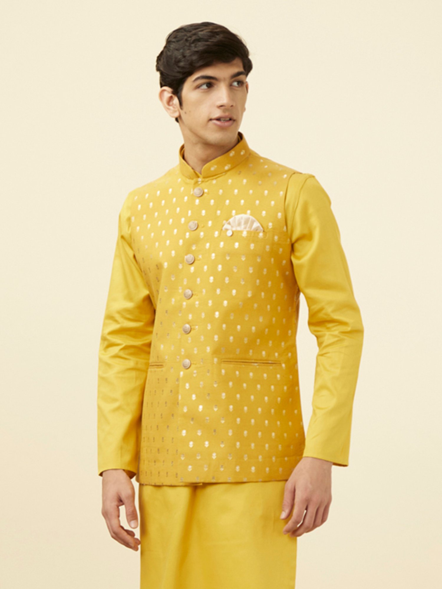 Manyavar Mustard Regular Fit Self Design Nehru Jacket