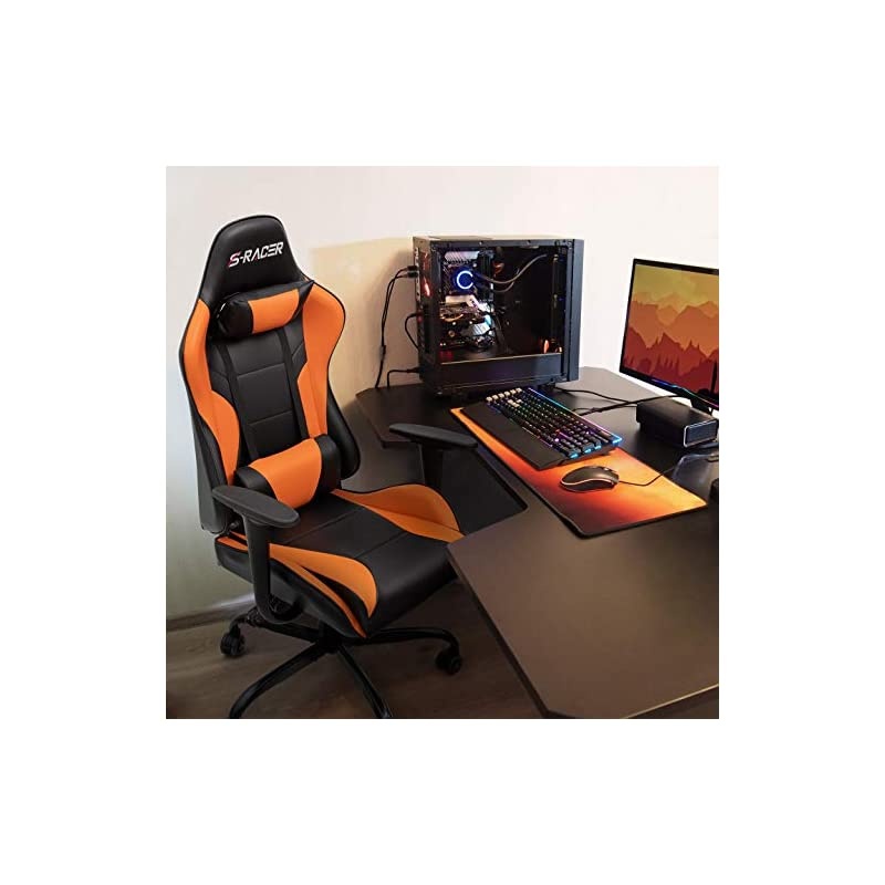 Gaming Office Chair Computer Chair High Back Racing Desk Chair PU Leather Adjustable Seat Height Swivel Chair Ergonomic Executive Chair with Headrest for Adults (Orange)