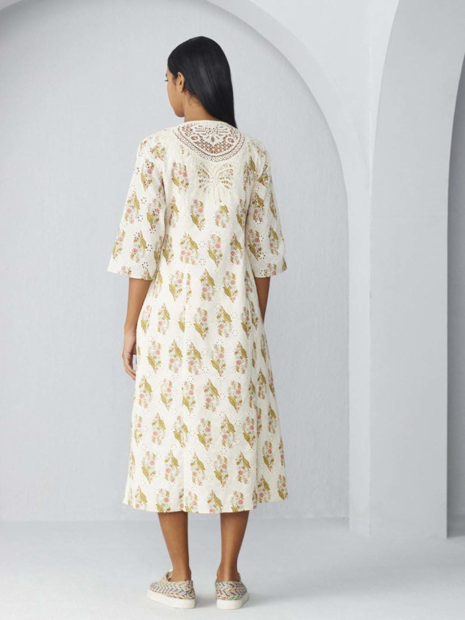 Ancestry White Cotton Embroidered A-Line Dress