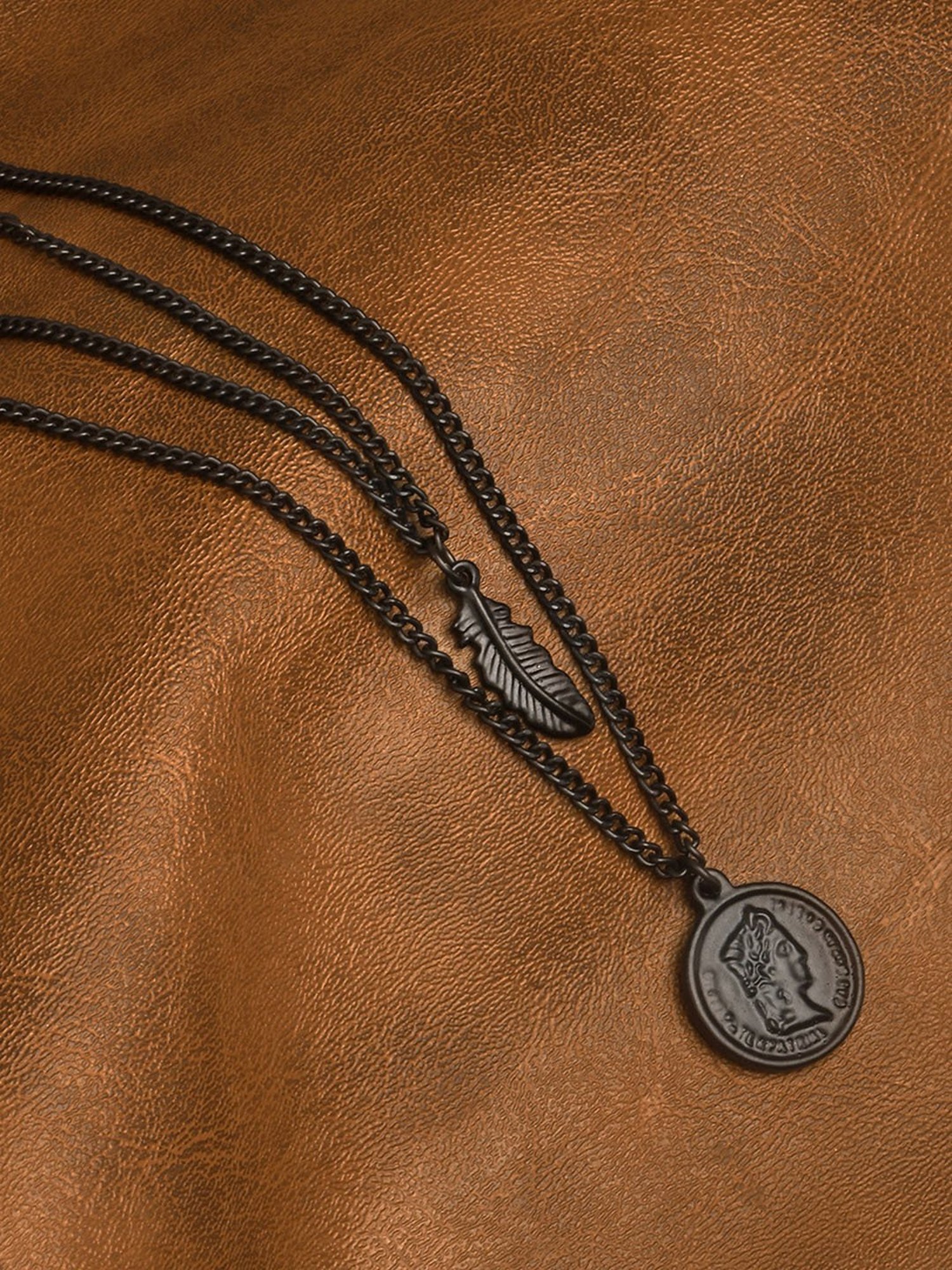 The Bro Code Black Leaf and Vintage Coin layered Pendant Necklace for Men