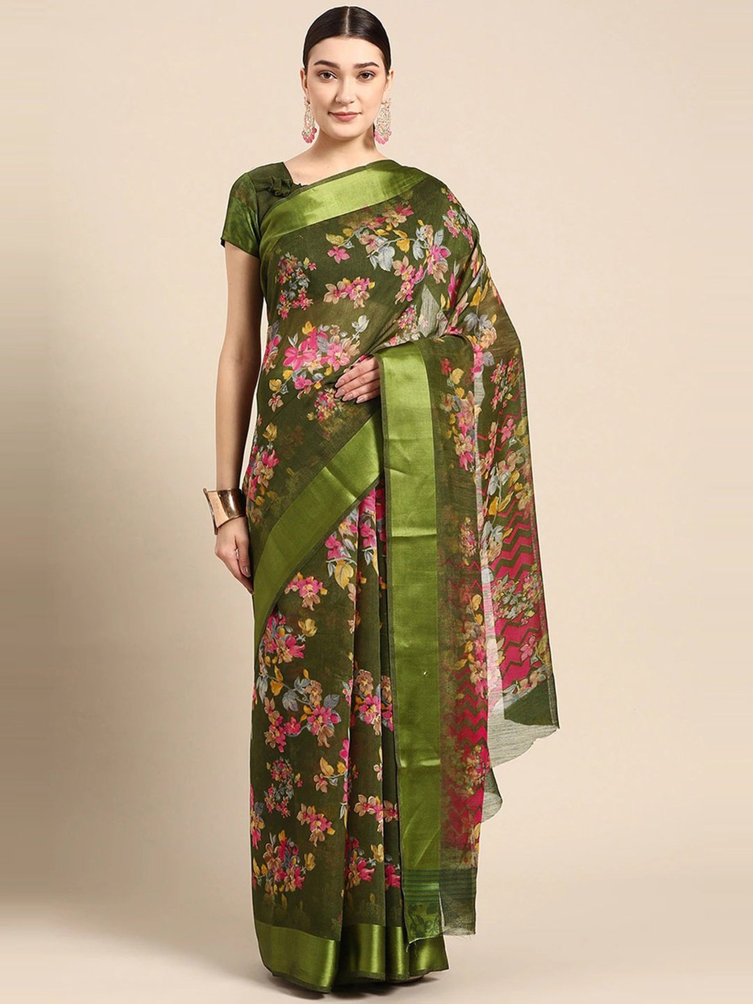 Vaamsi Green Silk Floral Print Saree With Unstitched Blouse