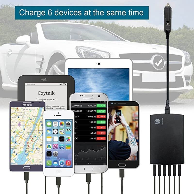 6Ports USB Car Charger Adapter Multiple USB Car Charging Station Car USB Splitter Charge iPhone iPad Android Phones Tablets Charge up to 6 USB Devices Simultaneously on The Road