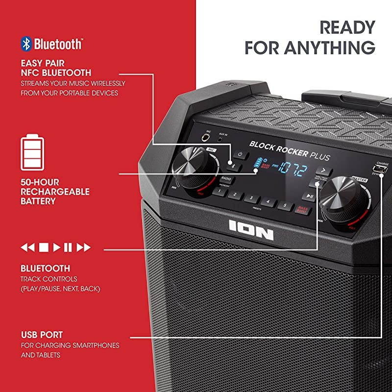 Audio Block Rocker Plus - Portable Bluetooth Speaker 100W W/Battery, Karaoke Microphone, AM FM Radio, Wheels & Telescopic Handle and USB Charging