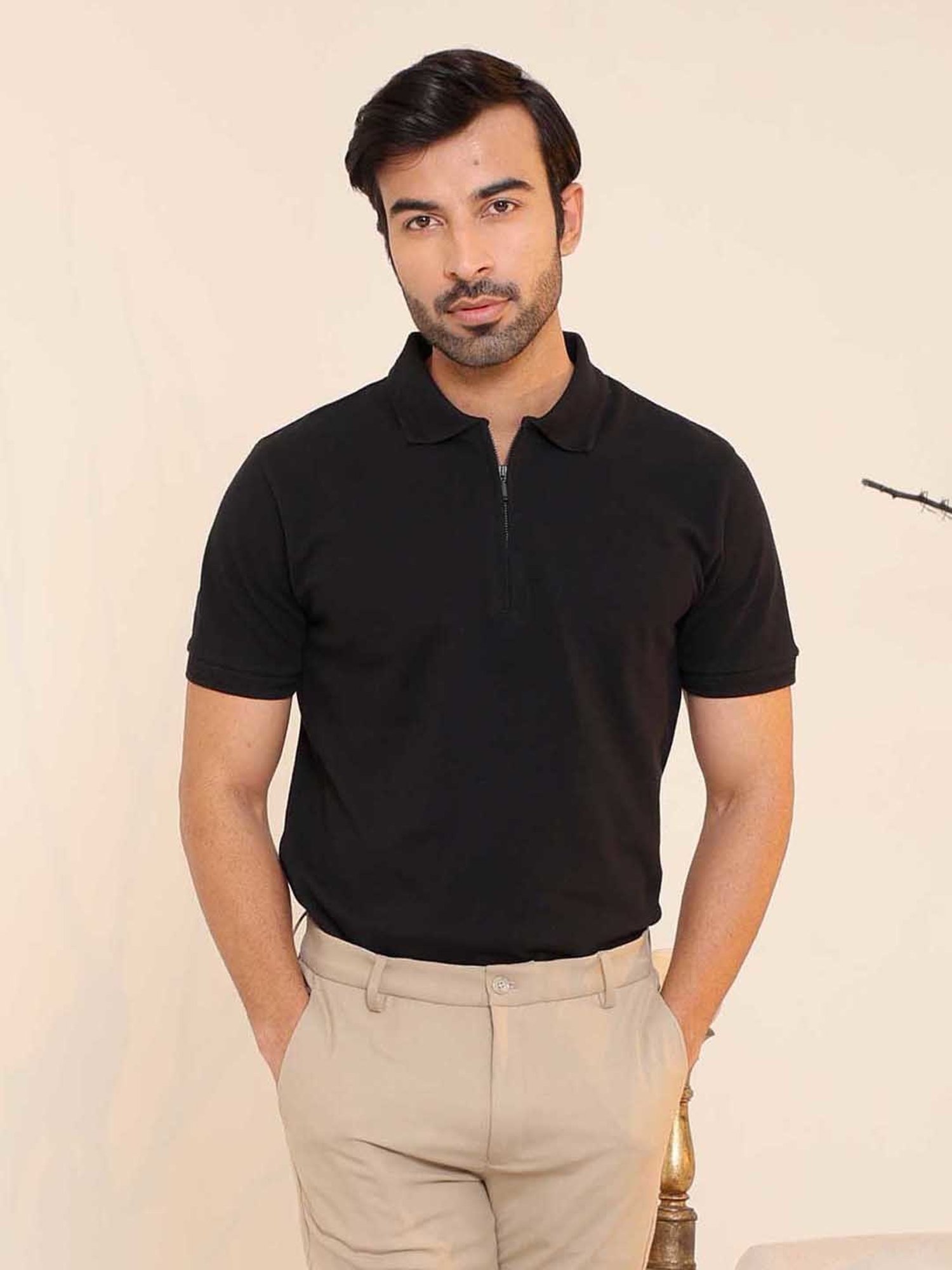 SUBTRACT Black Regular Fit Cotton Polo T-Shirt