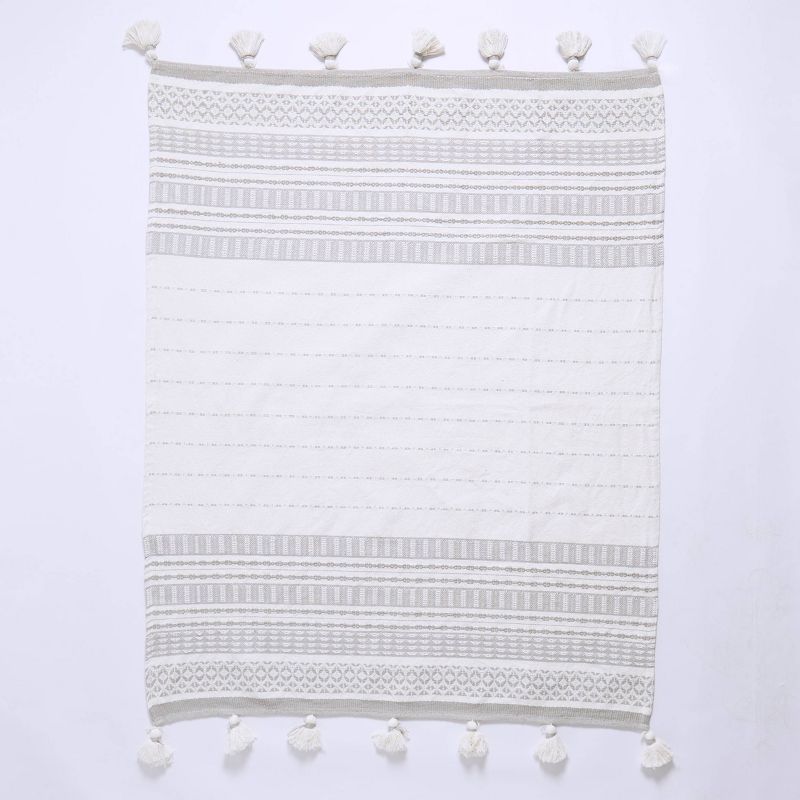 50"x60" Woven Striped Throw Blanket with Pom-Poms Silver - Patina Vie