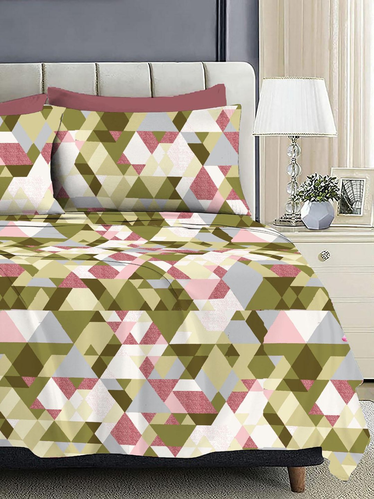 Ariana Sorrento Olive Cotton Geometric Cotton Bed Sheet