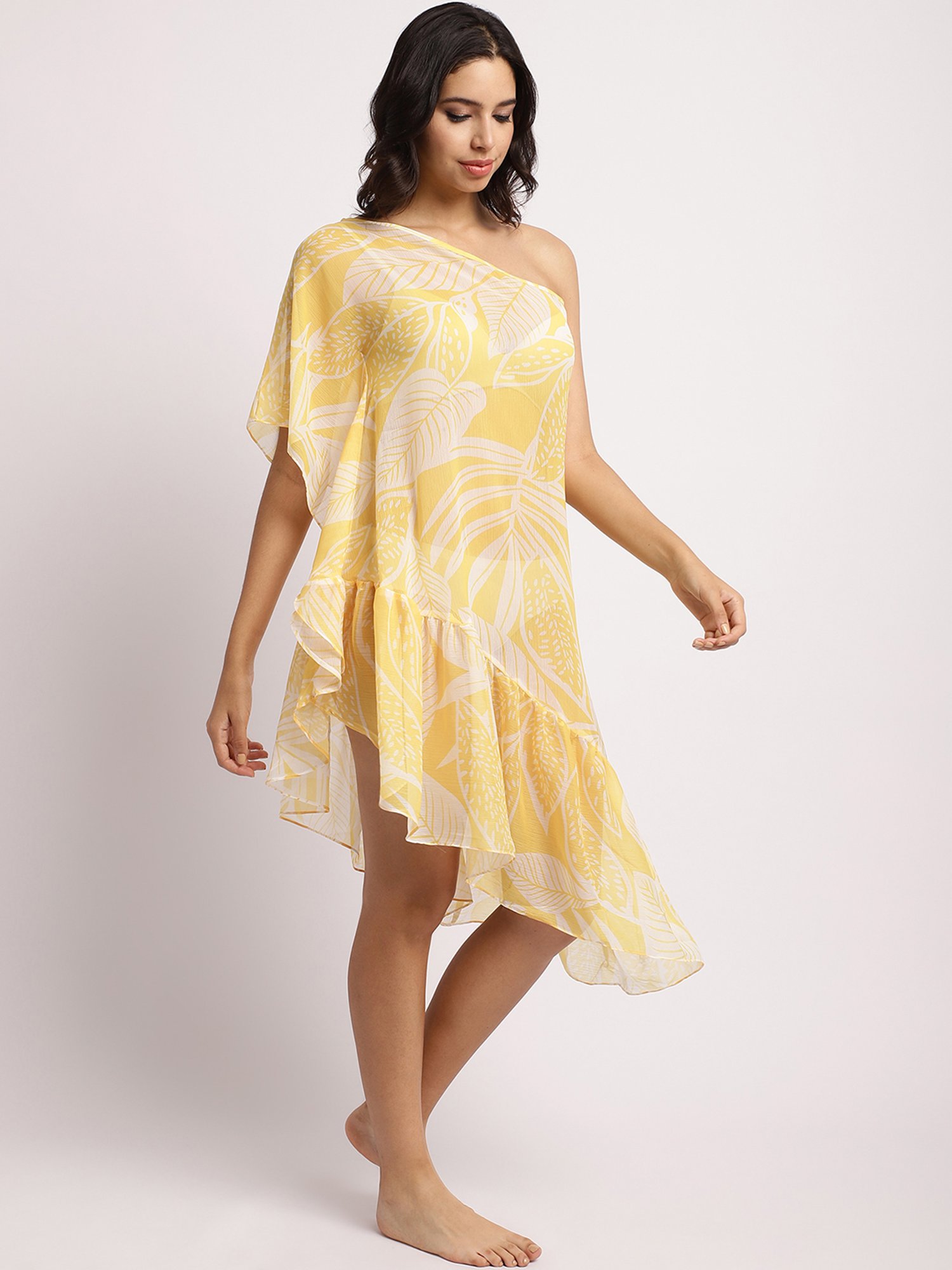 Erotissch Yellow Printed Beachwear Cover-Up Dress