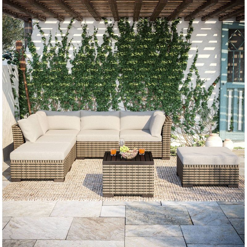 Nolin 7pc Sectional Weathered Brown Frame Sunbrella Spectrum Denim Fabric - La-Z-Boy