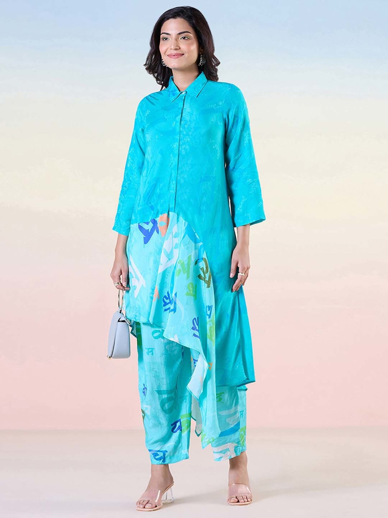 Melon by PlusS Blue Printed Shirt Pant Set