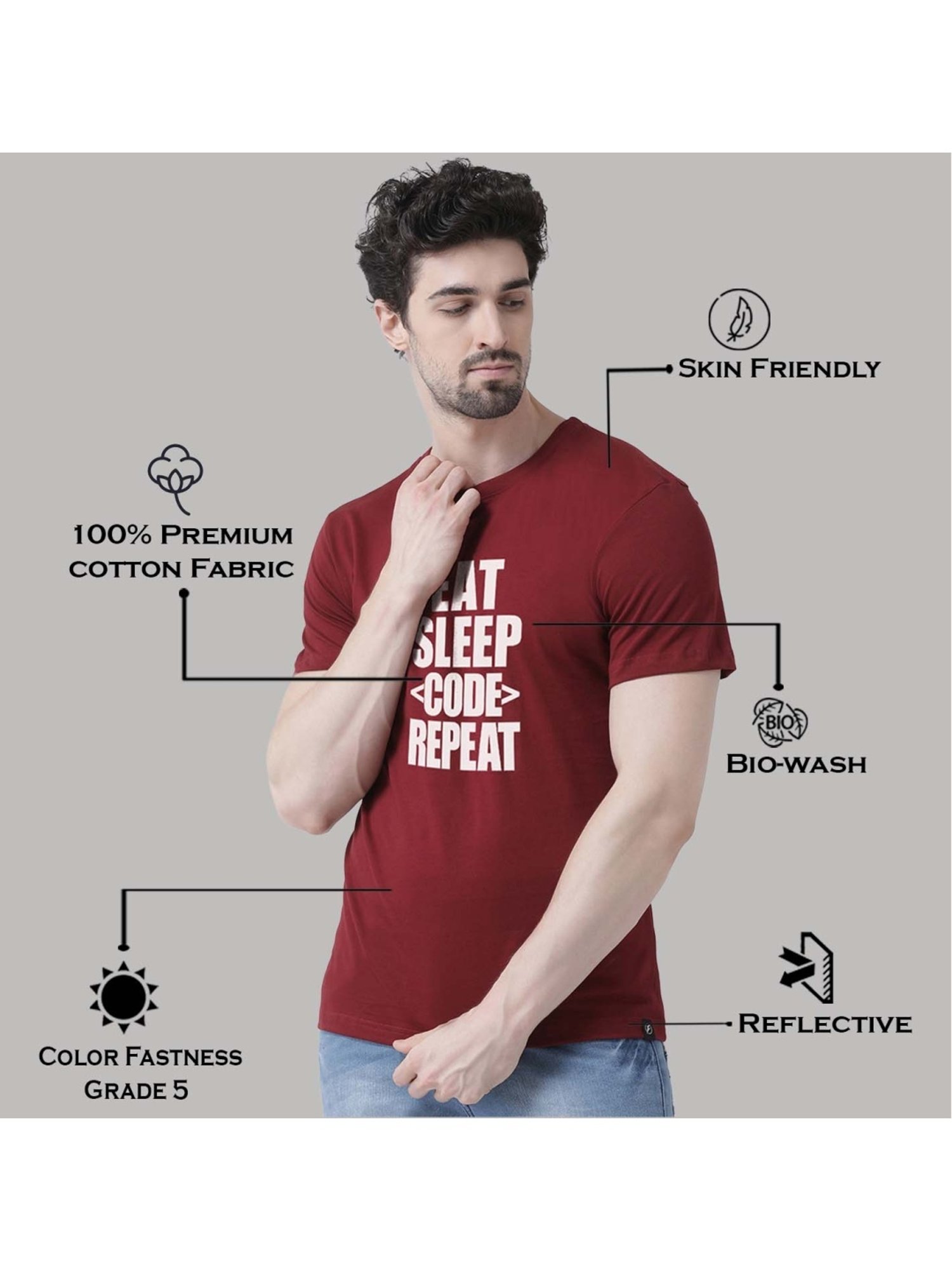Friskers Maroon Cotton Slim Fit Printed T-Shirt