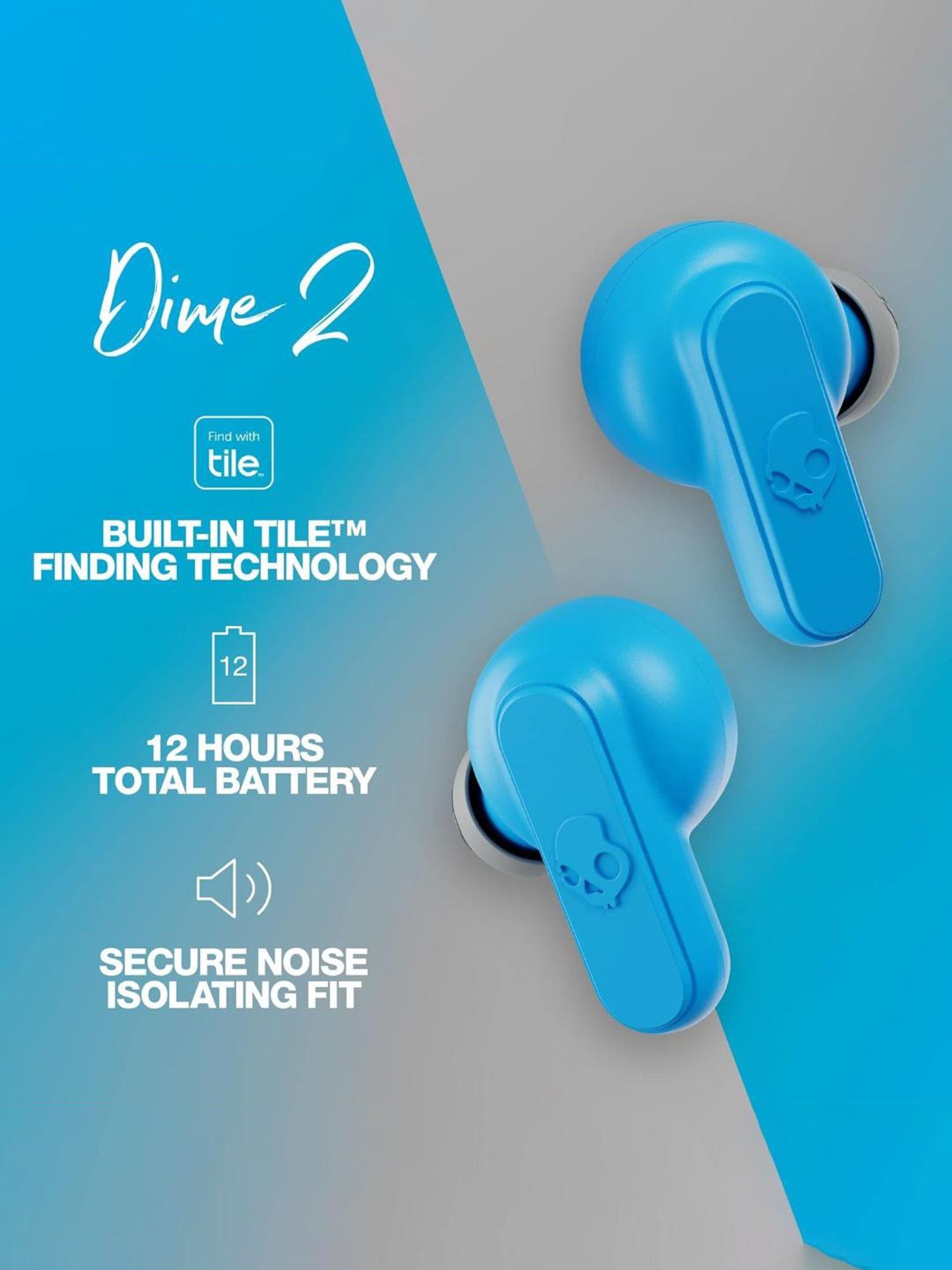 Skullcandy Dime 2 in-Ear Bluetooth Earbuds with IPX4 Water Dust Resistant (Blue, True Wireless)