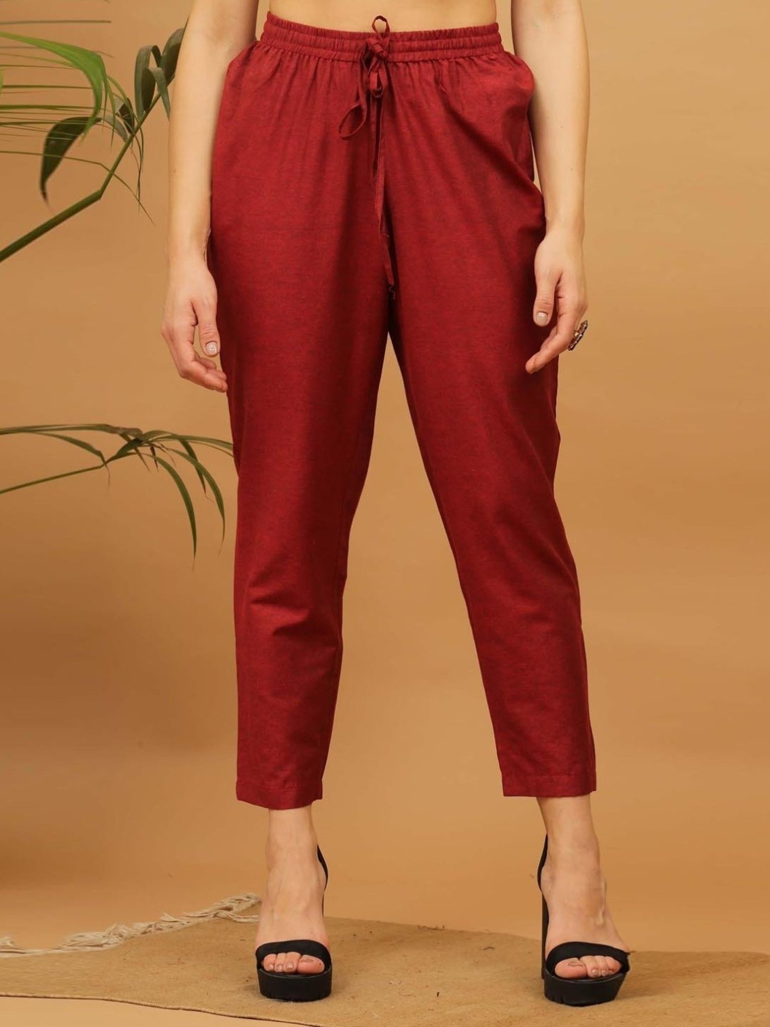 Kaanchie Nanggia Maroon Solid Cotton Pants