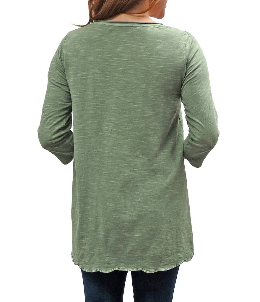 Karyn Seo Mari Vintage Tonal Embroidered V-Neck 3/4 Sleeve Scalloped Hem Cotton Tunic Top