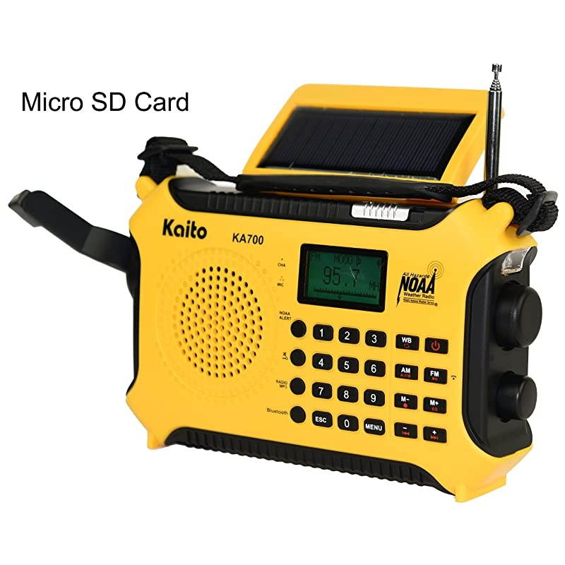 KA700 Bluetooth Emergency Hand Crank Dynamo Solar Powered AM FM Weather Band Radio with Recorder and MP3 Player Rugged Design for Hiking Camping Construction Sites EtcYellow