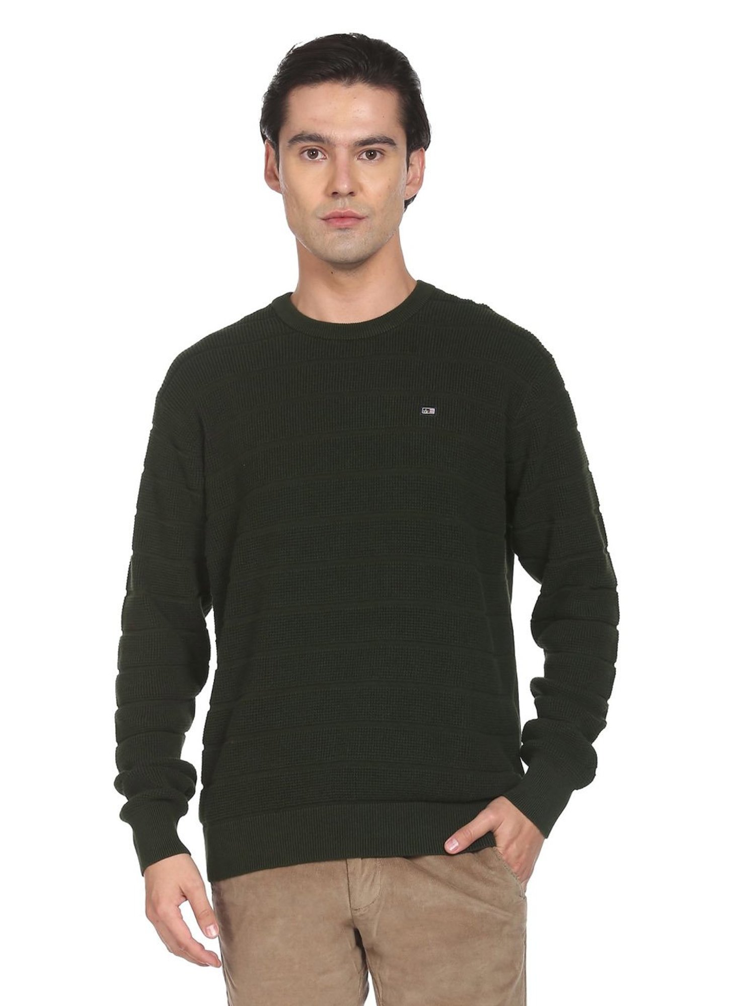 Arrow Sport Olive Cotton Regular Fit Striped Sweater