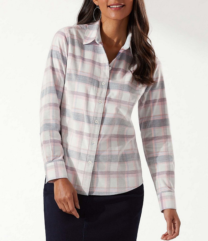 Tommy Bahama Coasta Cord Plaid Shirttail Hem Point Collar Neck Long Sleeve Shirt