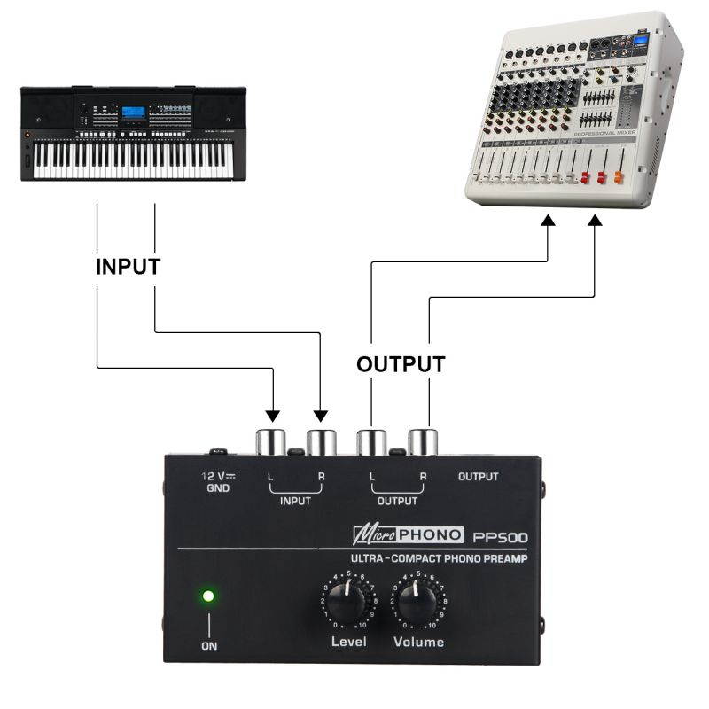 Phono Turntable Preamp-Mini Audio Stereo Phonograph,Separate DC 12V Power Adapter, RCA Input, RCA Output & Low Noise preamp,Portable, Independent Knob Control Operation -Depusheng PP500, Black