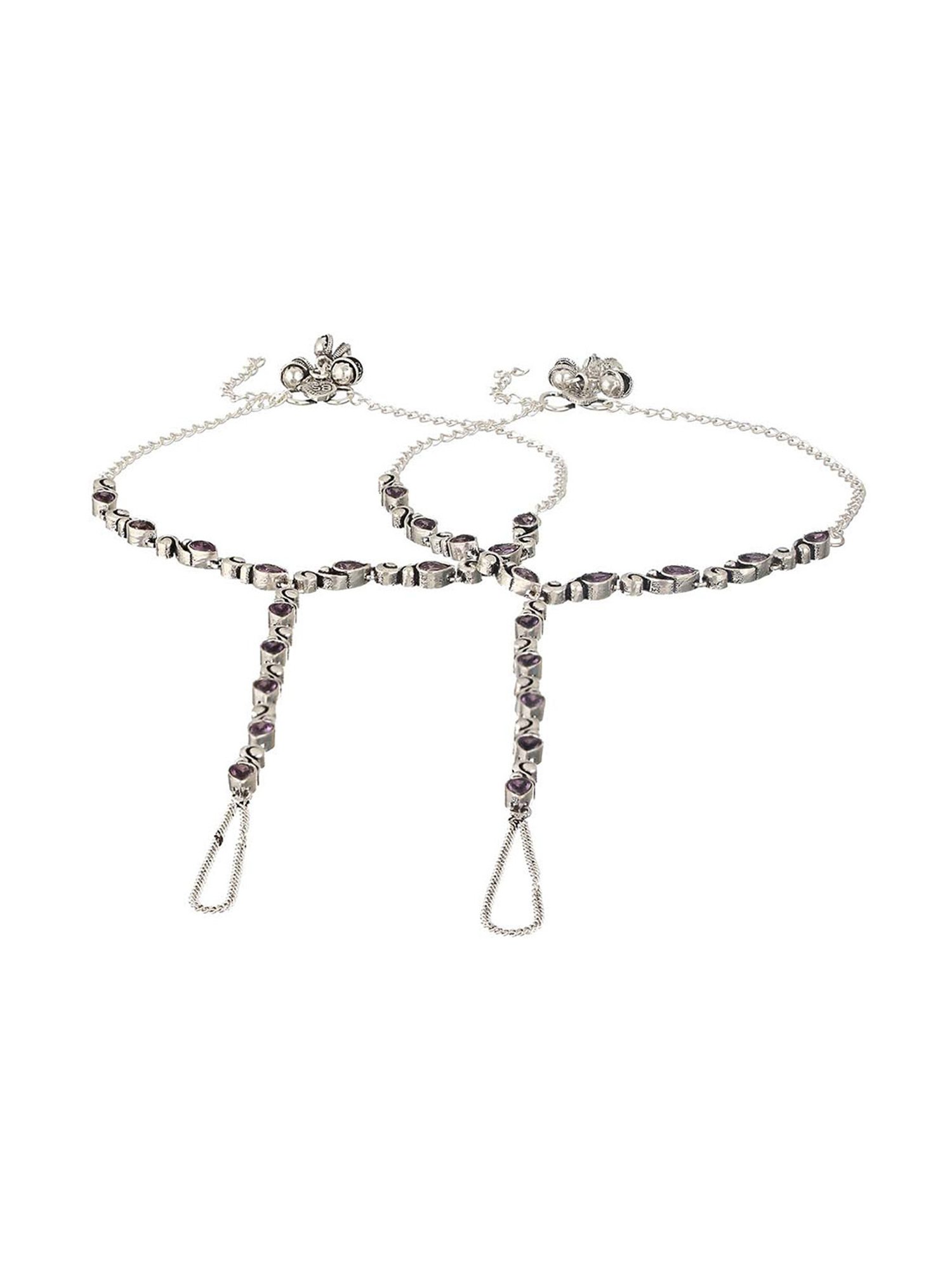 Saraf RS Jewellery Silver Oxidized Stone Studded Foot Harnass Payal/Anklets - Set of 2