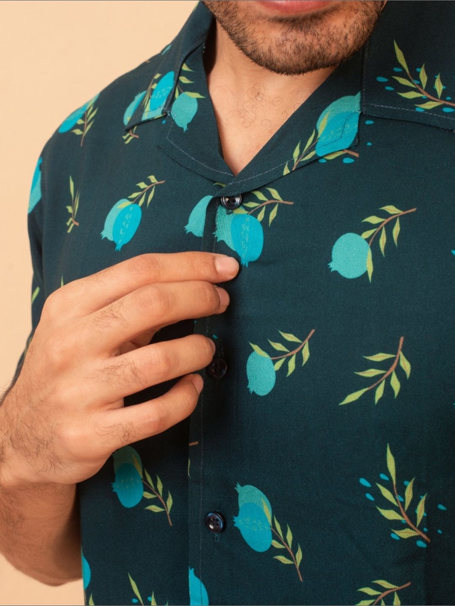 The Bleu Label Teal Cotton Slim Fit Printed Shirt
