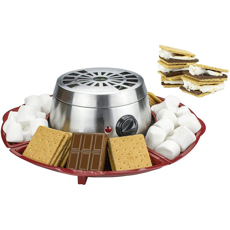 Brentwood Appliances TS603 Indoor Stainless Steel Electric Flameless S'mores Maker with 4 Roasting Forks and 4 Stackable Red Trays