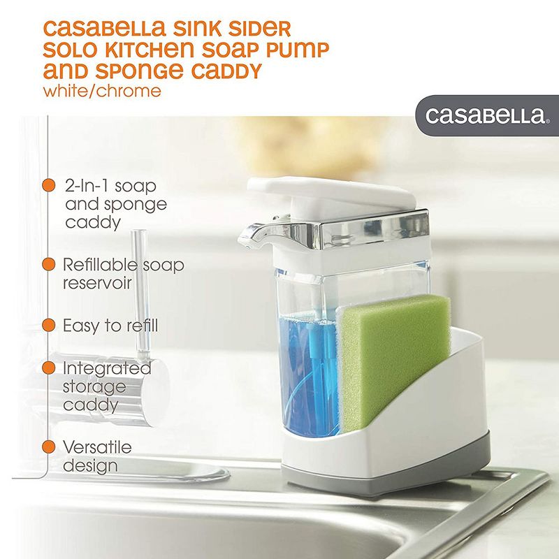 Casabella 8550086 Hand Pump Sink Sider Solo with Sponge and Chrome Plating for Daily Handwashing in the Kitchen, Bathroom, or Laundry Room, White