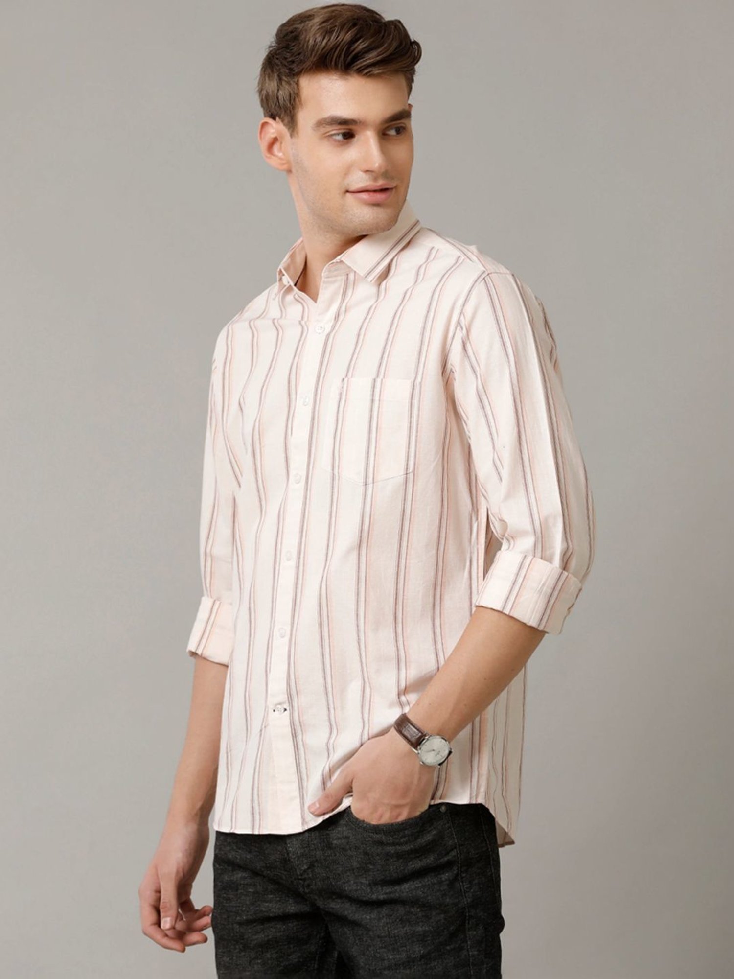 Cavallo By Linen Club Pink Linen Contemporary Fit Striped Shirt