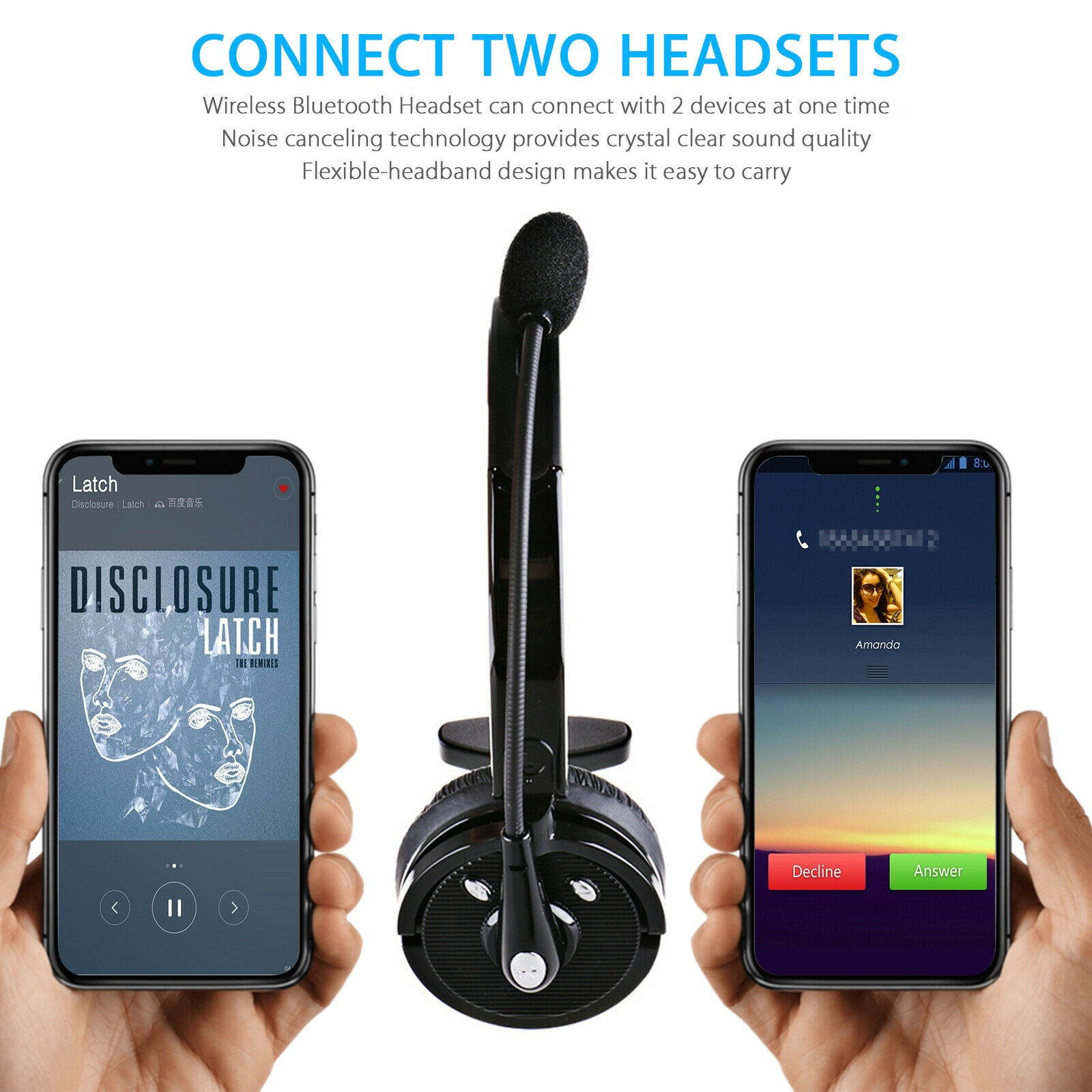 Wireless Bluetooth Headset Noise Cancelling Over the Head Boom w/Mic For Trucker
