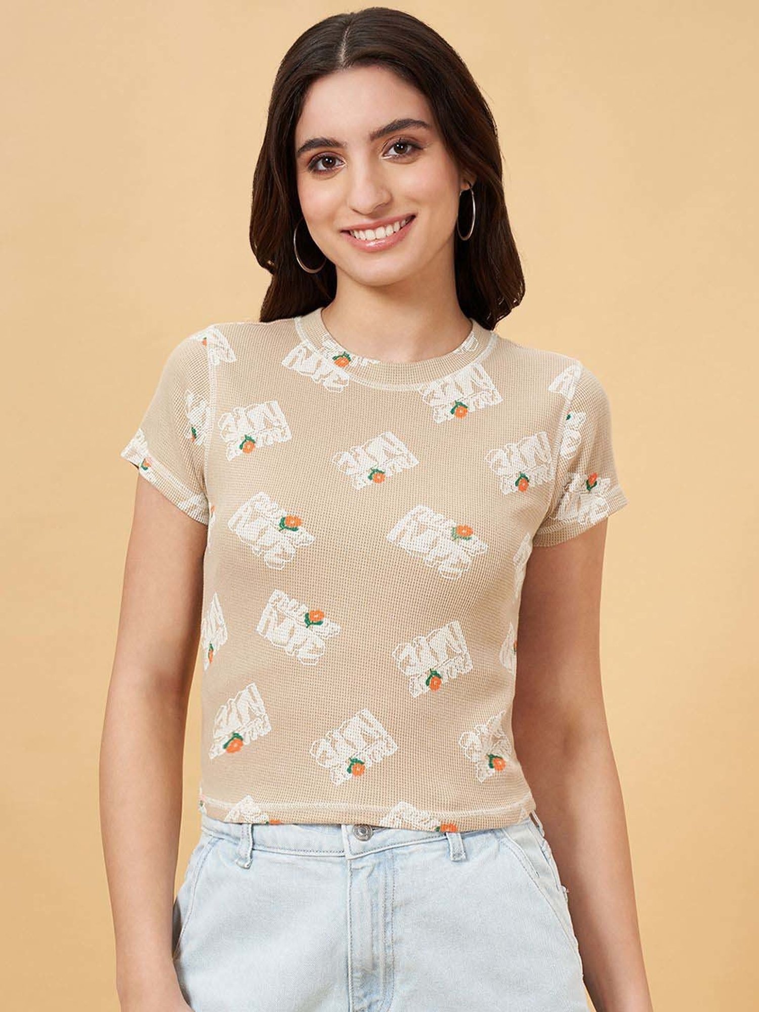 People by Pantaloons Khaki Printed T-Shirt