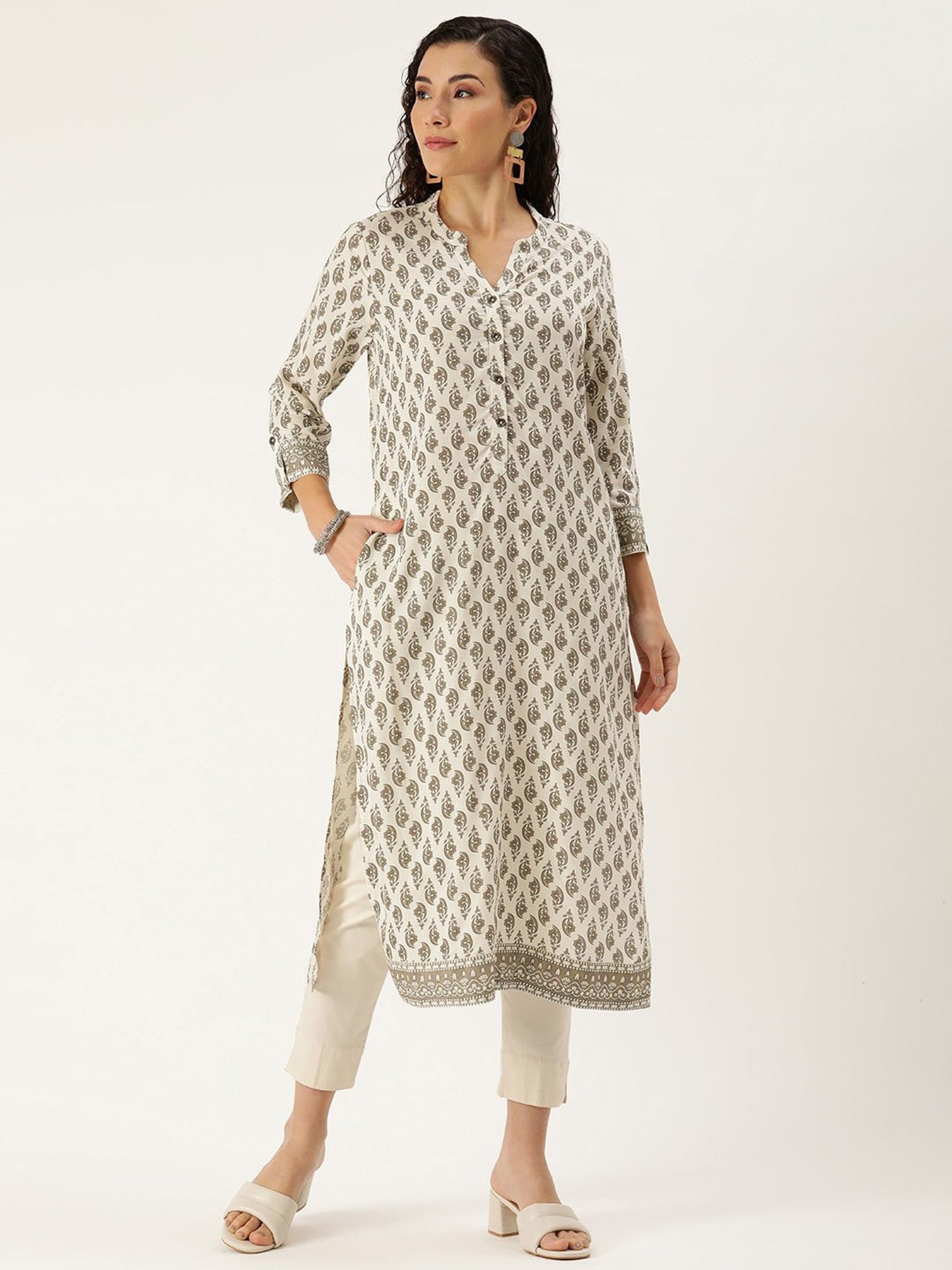 Amukti Beige Rayon Printed Straight Kurta