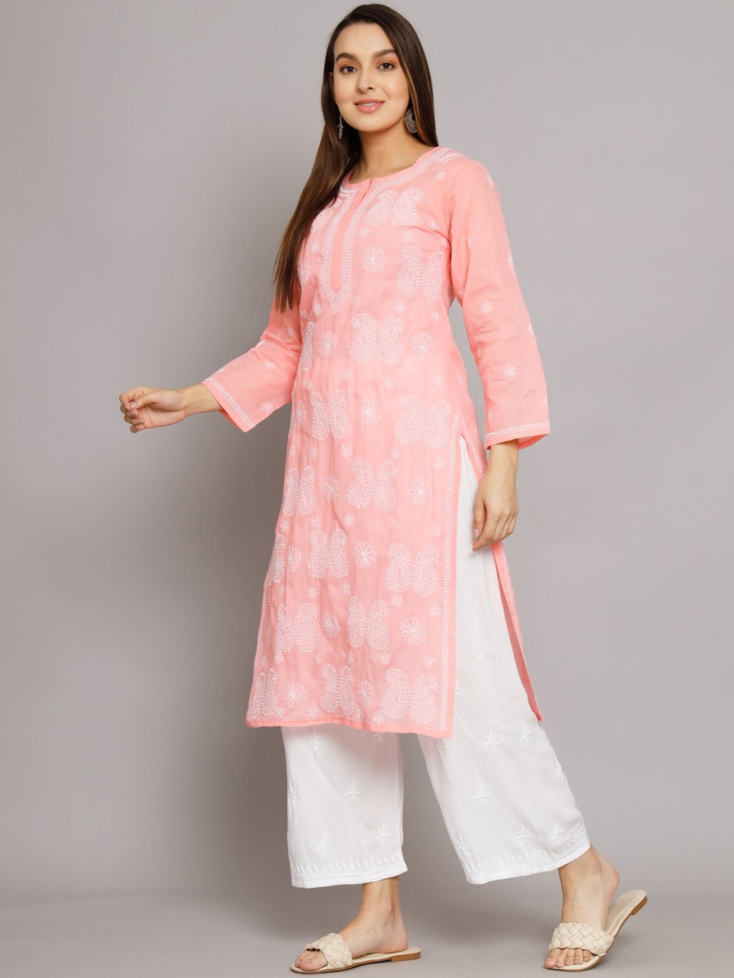 PARAMOUNT CHIKAN Pastel Pink Cotton Chikankari Straight Kurta