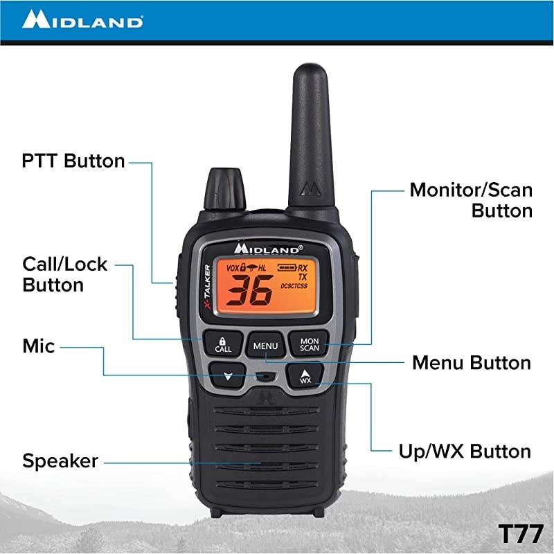XTALKER T77VP5 36 Channel FRS TwoWay Radio Up to 38 Mile Range Walkie Talkie 121 Privacy Codes and NOAA Weather Scan + Alert Includes a Carrying Case and Headsets BlackSilver