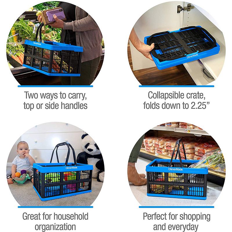 CharcoalCleverMade CleverCrate Durable Plastic Stackable 16L Collapsible Shopping Basket, Charcoal (3-Pack)