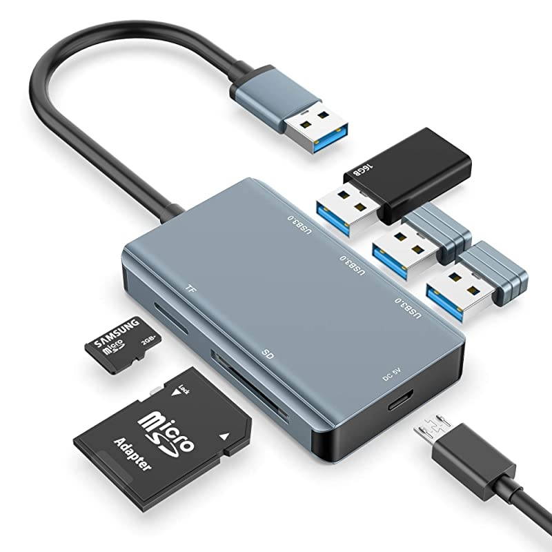 SD Card Reader,  USB 3.0 Card Reader with 3 USB 3.0 Ports + SD & TF Card Slots,5Gbps USB Hub Adapter for MacBook Pro/Air,Computer/Laptop,Windows,iMac,USB Flash Drive,Mobile HDD and More