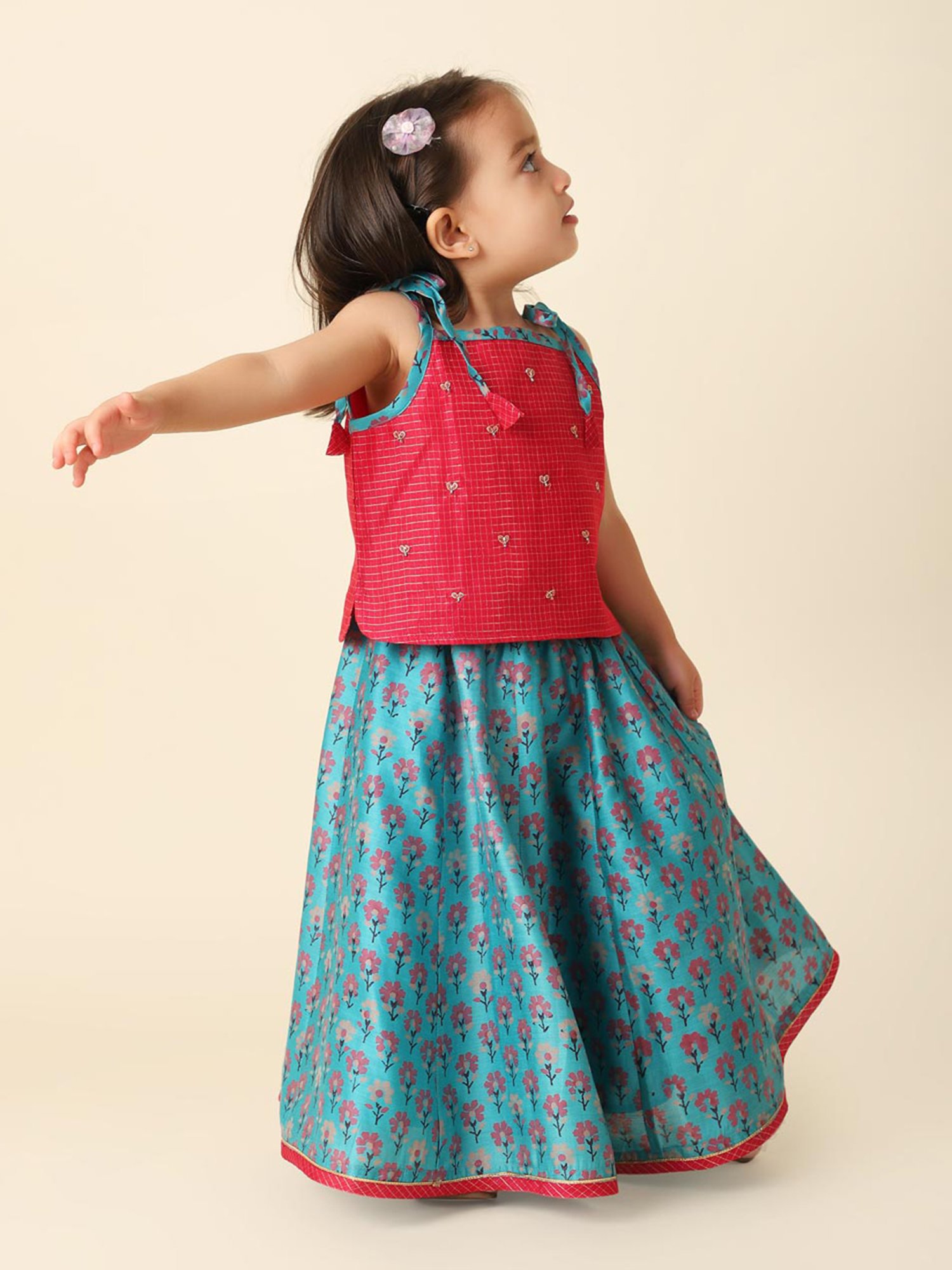 Fabindia Kids Red & Turquoise Floral Print Lehenga with Choli