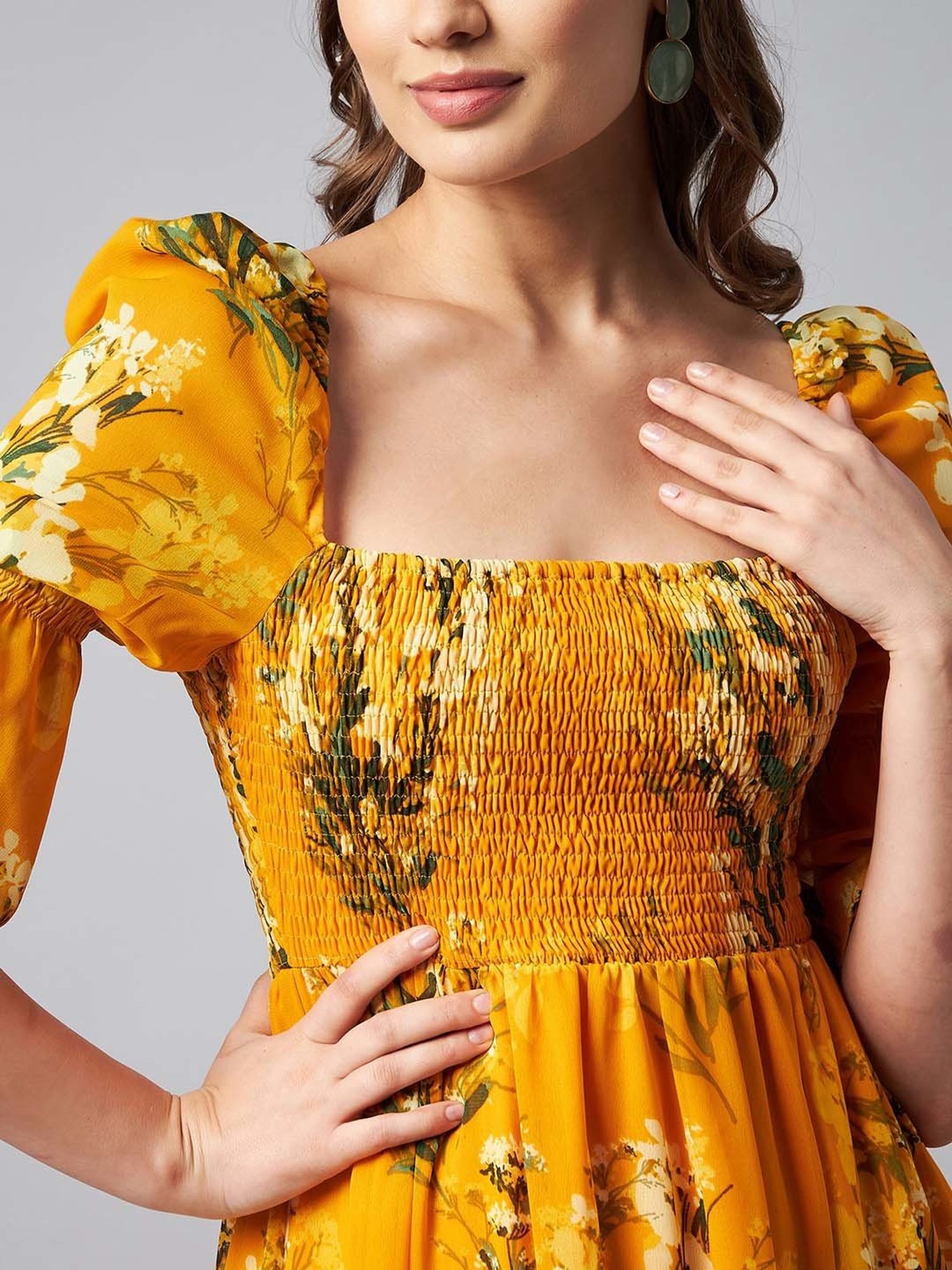 StyleStone Yellow Floral Print Maxi Fit & Flare Dress